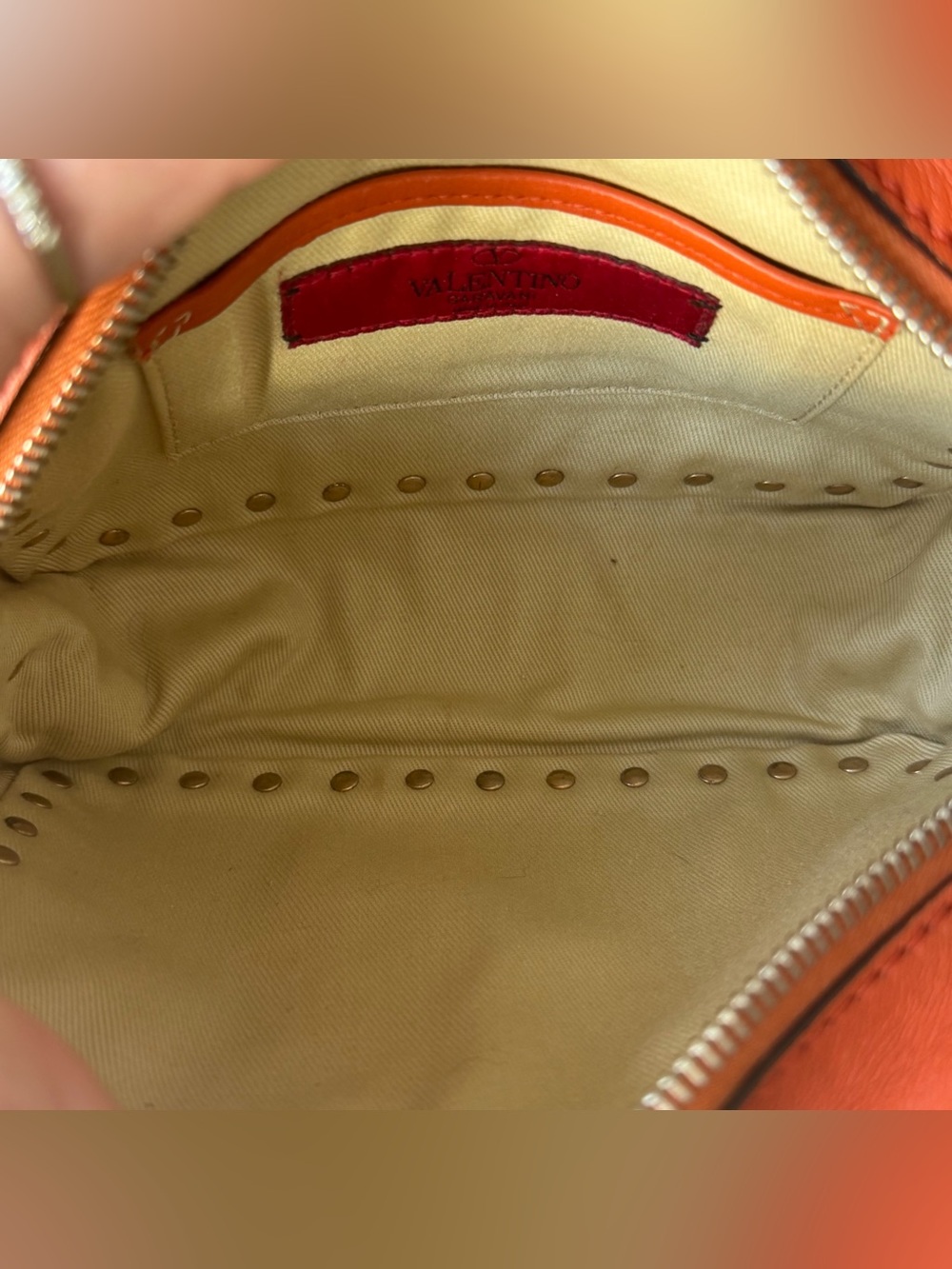 Valentino Garavani Rockstud Orange Leather Camera Crossbody Bag - Picture 9 of 11